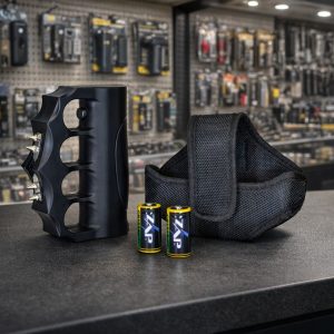 Blast Knuckles device with case and batteries on counter in store