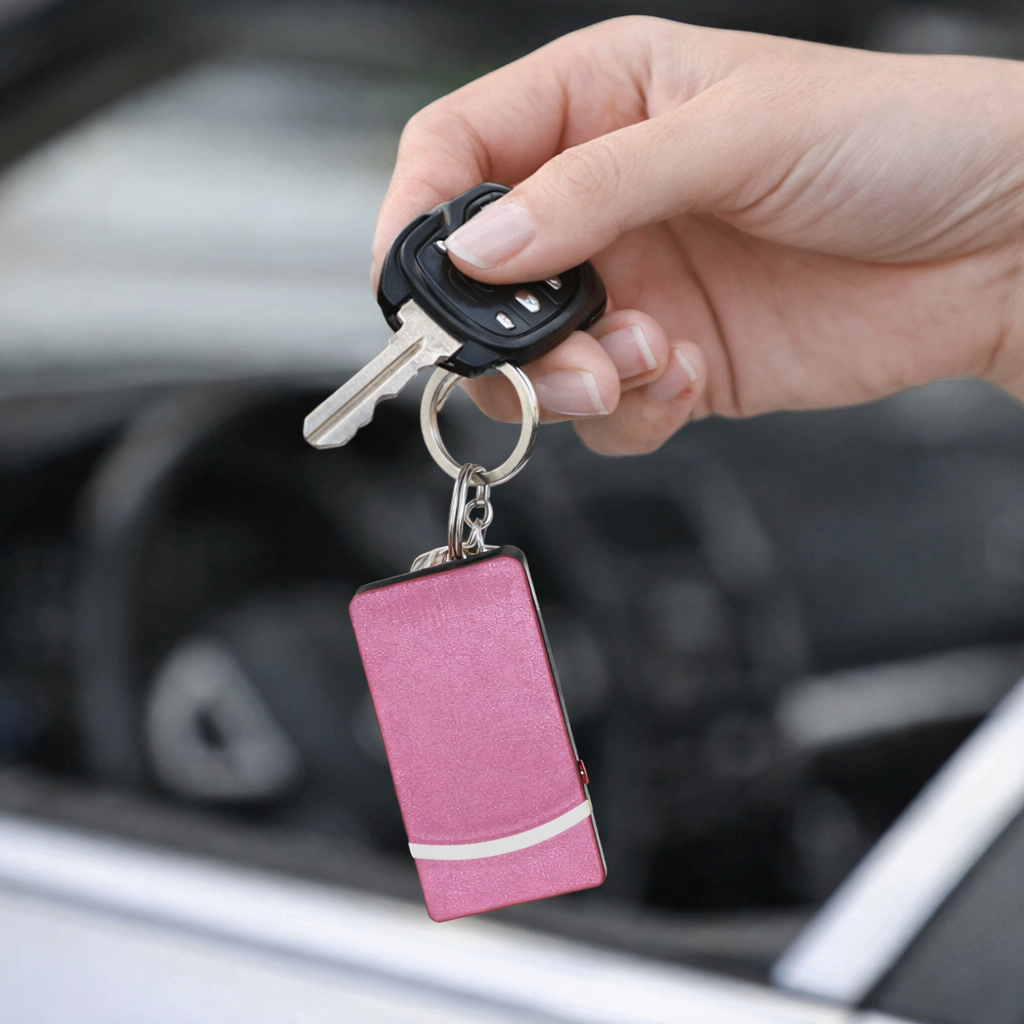 Fang Keychain Stun Gun | Escape Unharmed by GSI woman holding car key with Fang Keychain Stun Gun dangling