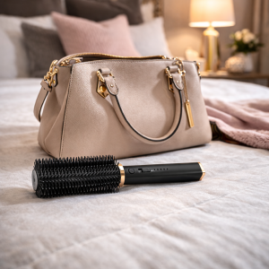 Hair Brush Stun Gun on bed in front of a purse