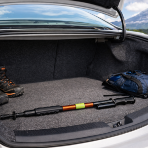 Hike n Strike in Trunk | Escape Unharmed by GSI Hike-n-Strike Stun Walking Stick in trunk with a mountain in the background