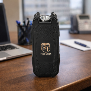 Hot Shot on Desk | Escape Unharmed by GSI Hot Shot Stun Gun of desk with a telephone. laptop computer and notepad/pen in the background