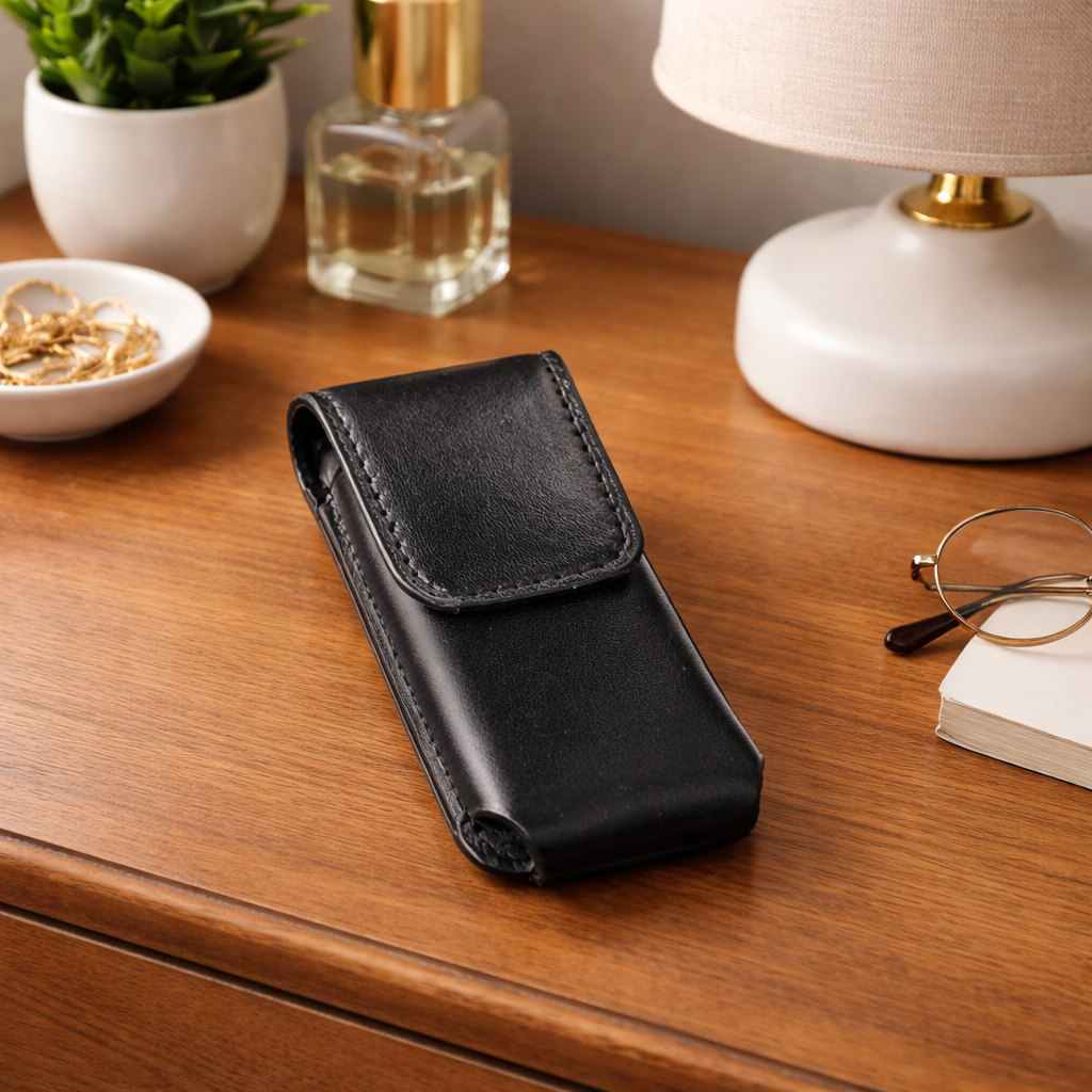 Stun Gun Case on dresser | Escape Unharmed by GSI Little One Stun Gun leatherette holster lying atop a dresser with a lamp and perfume bottle in the background