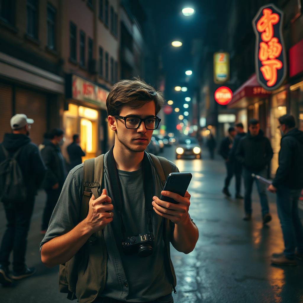 nerdy tourist looking at phone as he walks into danger