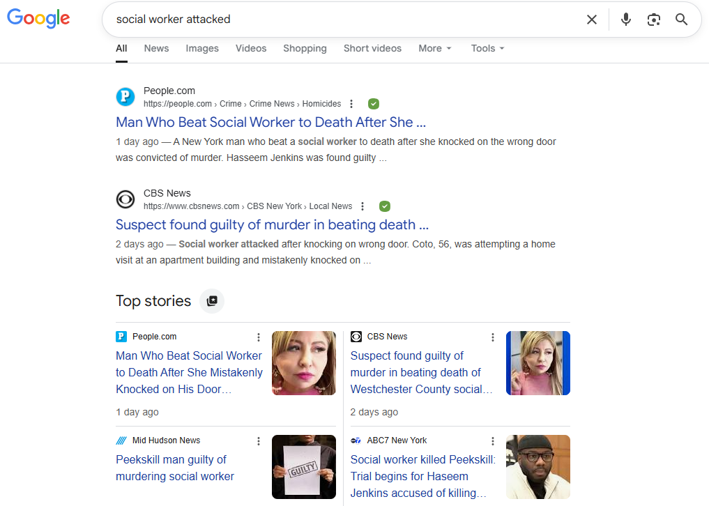 google search on "social worker attacked" bringing results on the recent conviction of a man who murdered a social worker who knocked on the wrong door