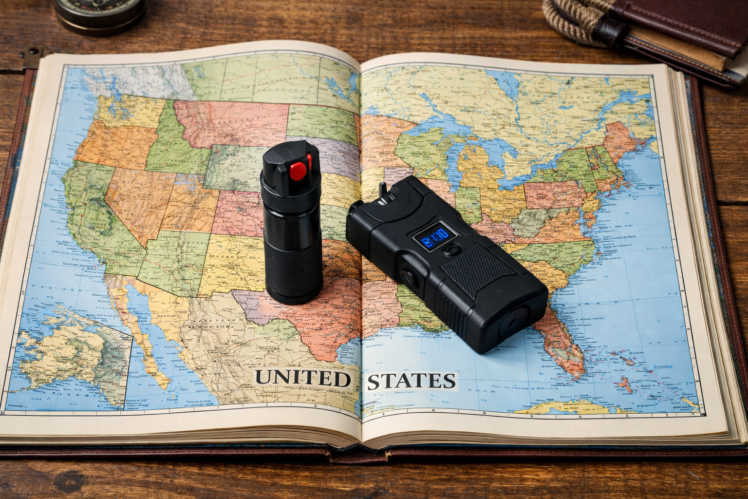 US map in a book with a canister of pepper spray and a stun gun on top
