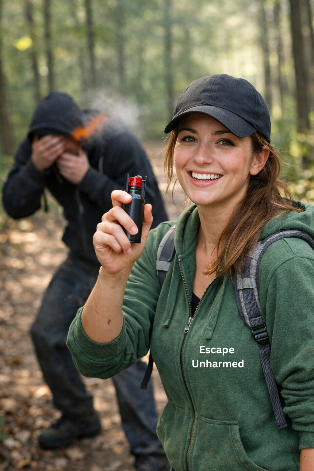 woman in Escape Unharmed sweatshirt holding pepper spray canister - man grabbing his face in pain