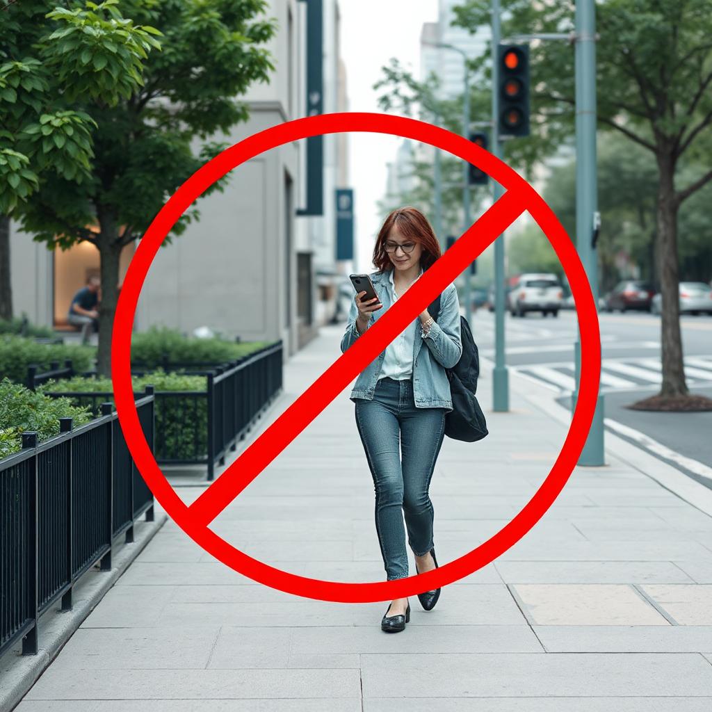 a red "no" symbol over the image of a distracted woman walking on sidewalk while looking at her phone
