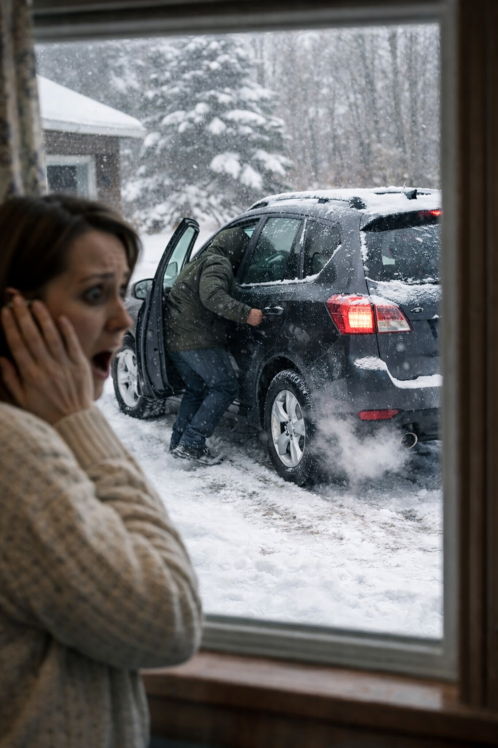 woman panics as she sees man stealing her running car from driveway