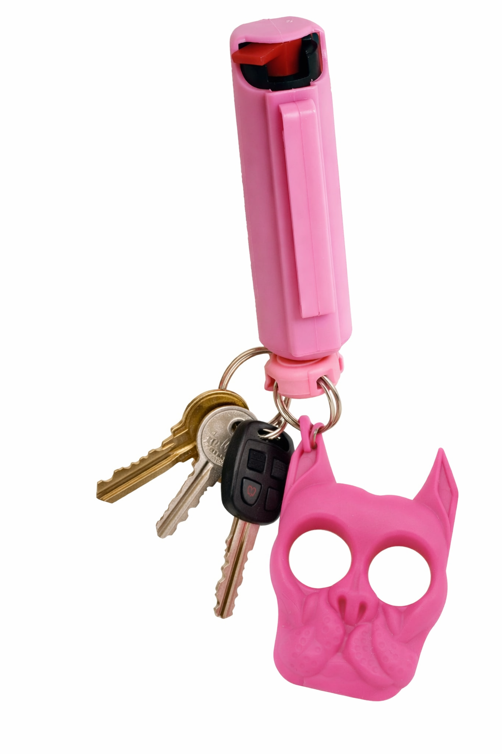 Self-Defense Keychain with pink pepper spray and pink Brutus tool