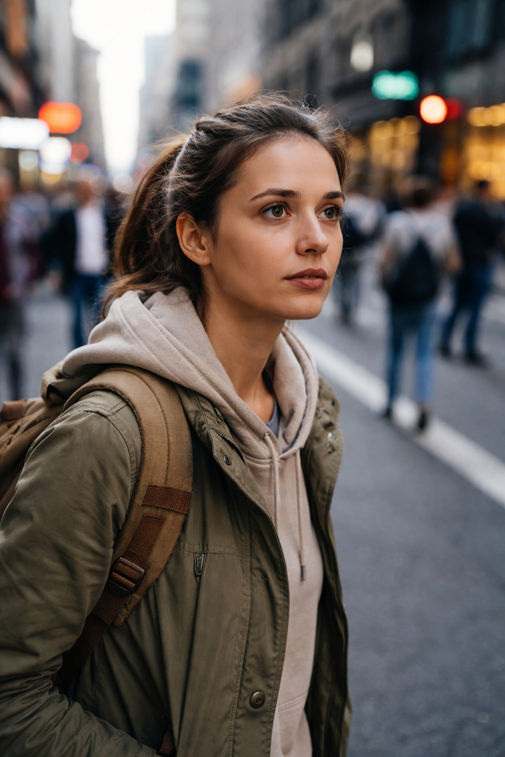 woman aware of her surroundings as she stands on street