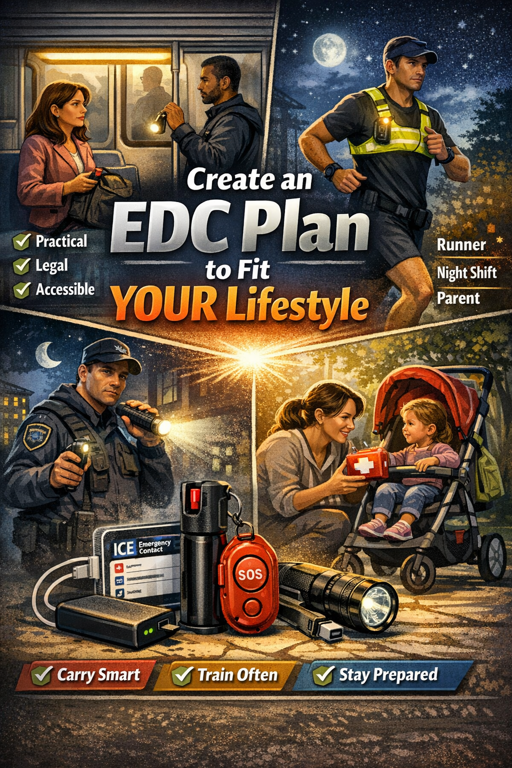 EDC Plan | Escape Unharmed by GSI Title image for Create an EDC Plan to fit Your Lifestyle showing several people practicing personal safety