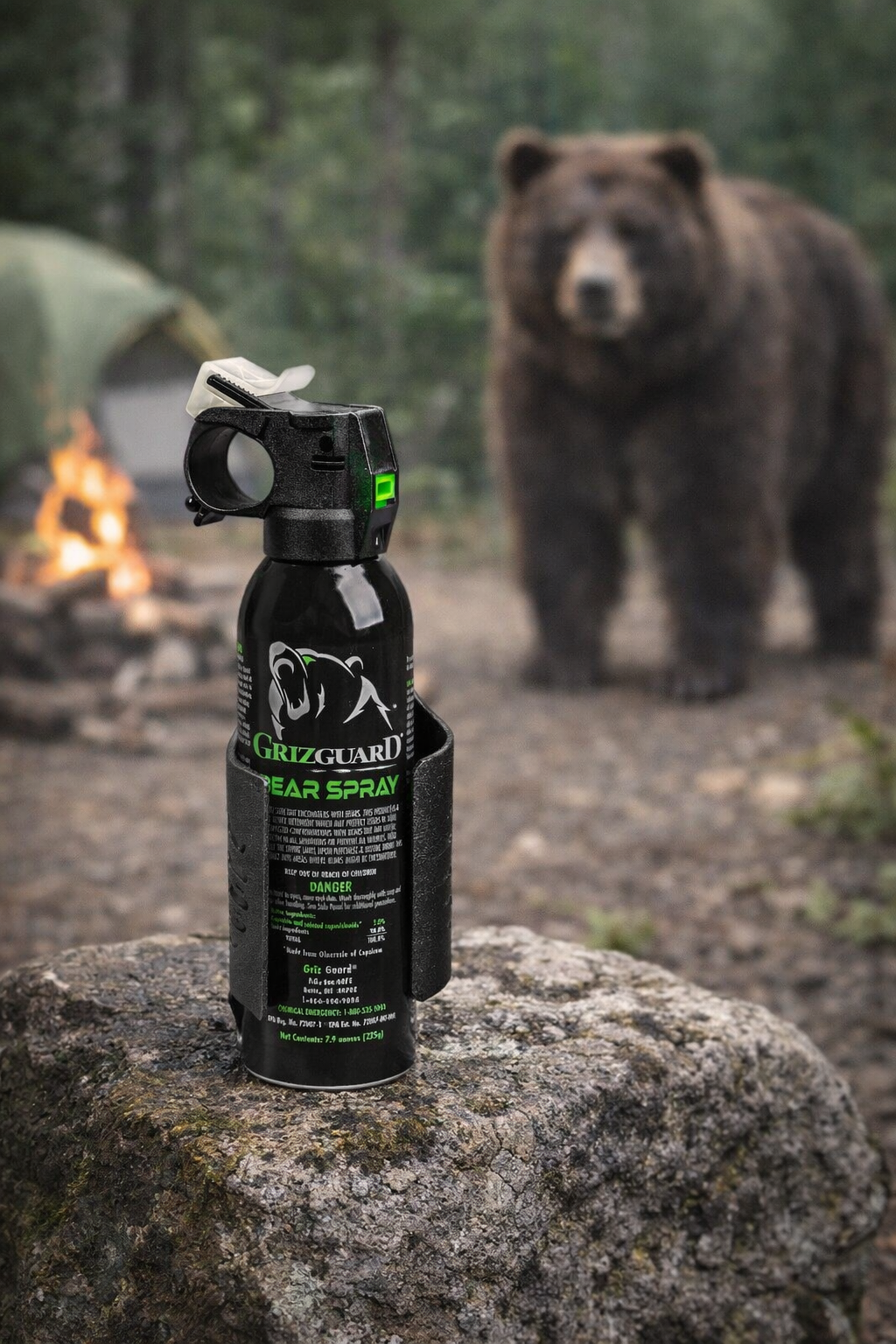 bear spray in the foreground as a bear approaches a campsite