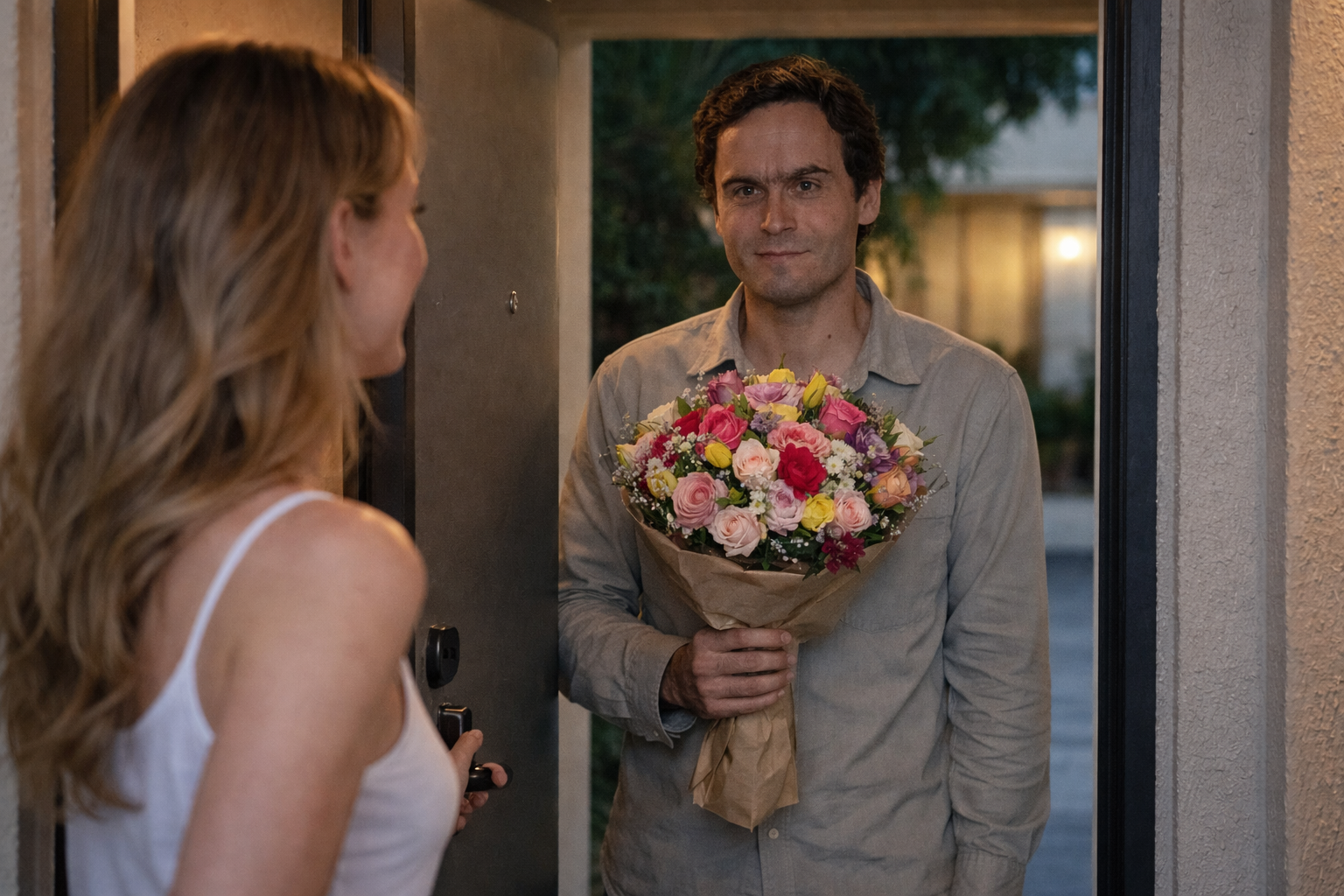 Date with Ted | Escape Unharmed by GSI a young woman opening the door foe a serial killer, Ted Bundy, holding a bouquet of flowers