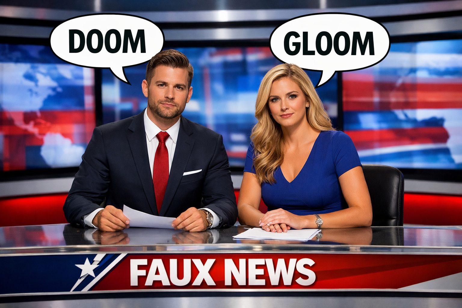 Doom Gloom | Escape Unharmed by GSI Male and female TV News anchors at the Faux News desk forecasting Doom and Gloom