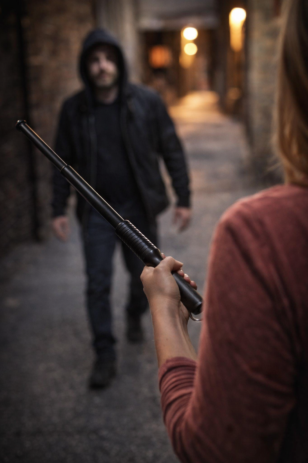 Woman holding a telescopic baton