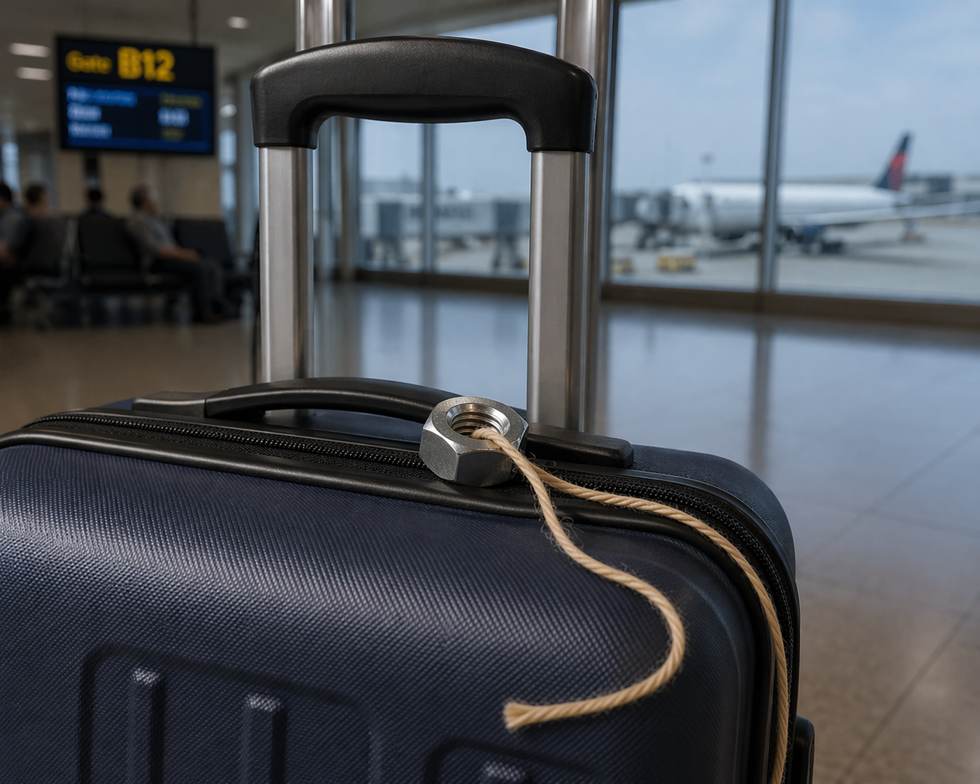 a nut on a string sitting atop a carryon bag in an airport terminal with a jet visible through the window