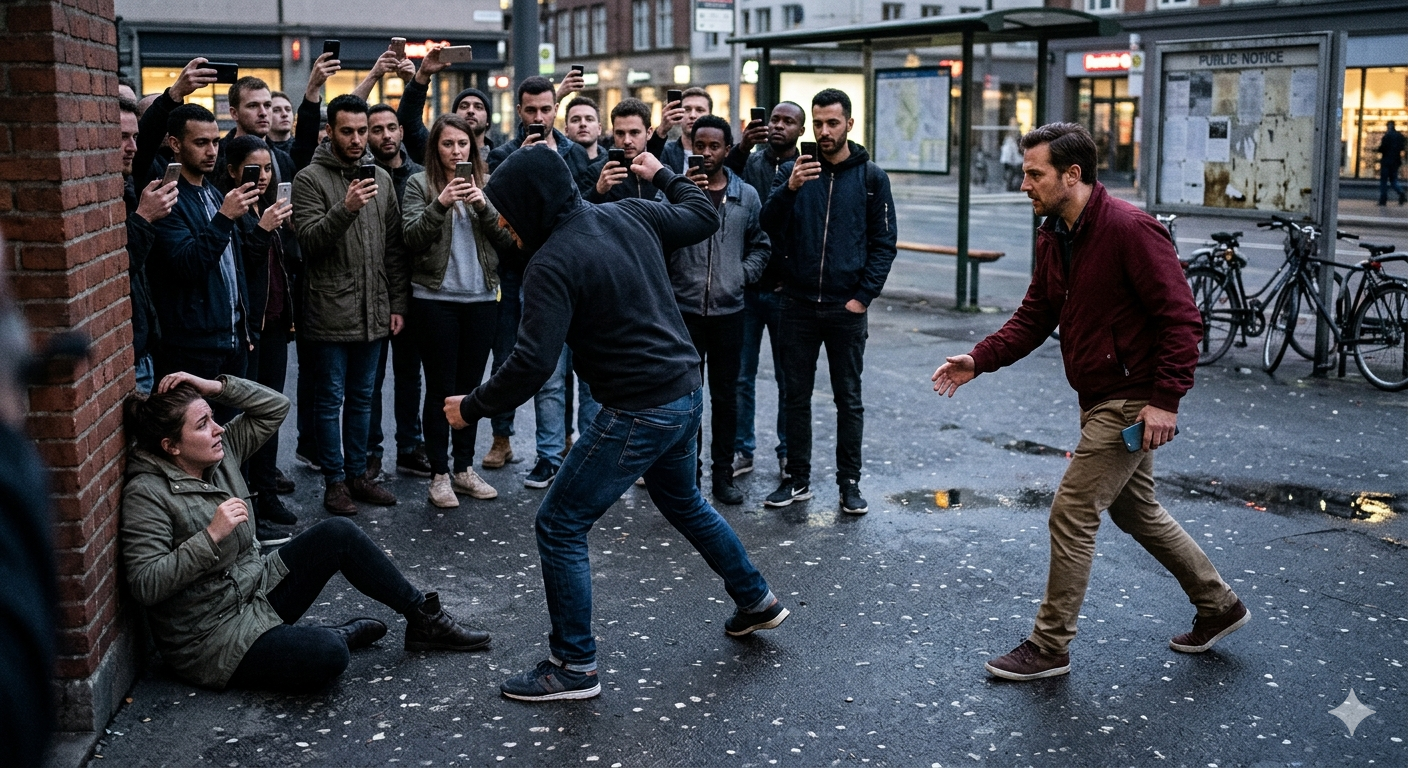A woman is being beaten on a sidewalk by a man. She's cowering against a wall as a crowd records video of the attack on cell phones, Then one man steps forward to help.