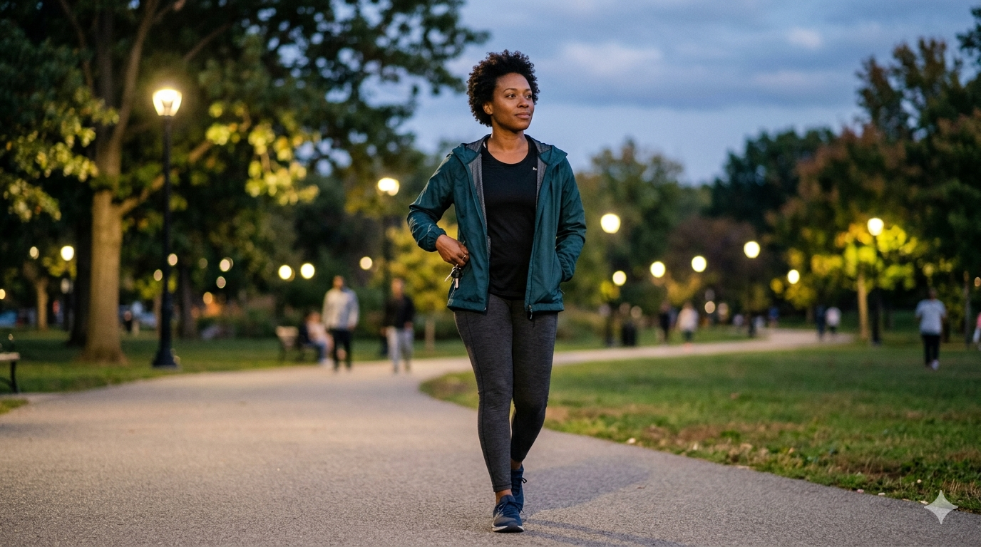 A young woman is walking on a sidewalk around dusk. There are lights lit up along the sidewalk and there are other people out and about.