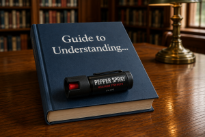 a book called "Guide to Understanding..." with a small canister of Pepper Spray lying toward the bottom of the cover as it sits on a table in a library