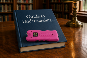 a look called "Guide to Unerstanding...with a pink stun gun lying toward the bottom of the cover as the book sits on a table in a library