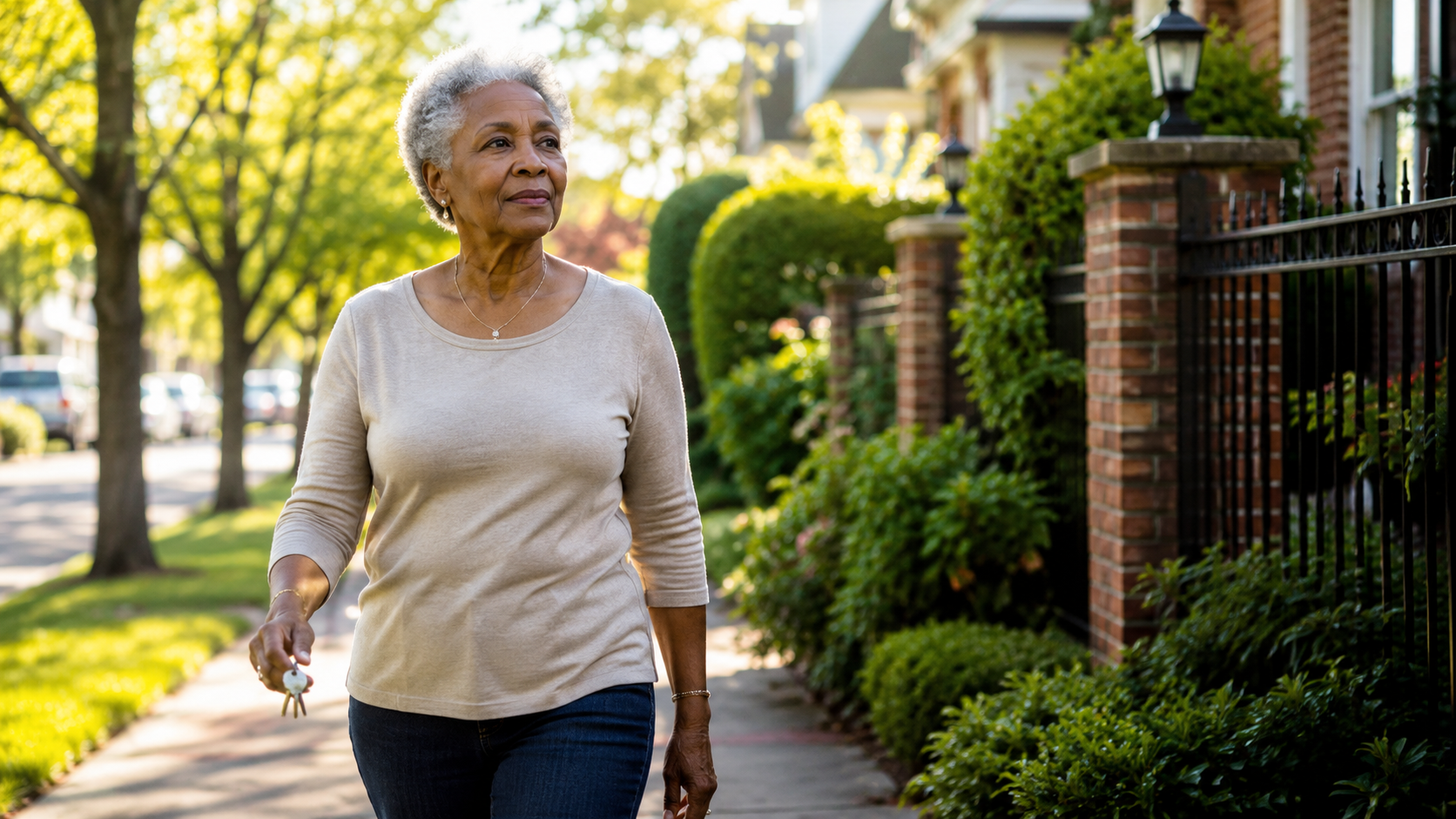 senior woman walking on a sidewalk on a sunny day