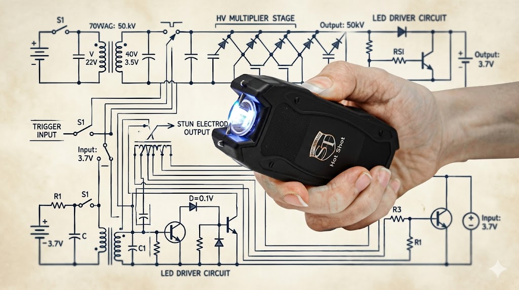 stun gun being held in front of a drawing od an electrical circuit