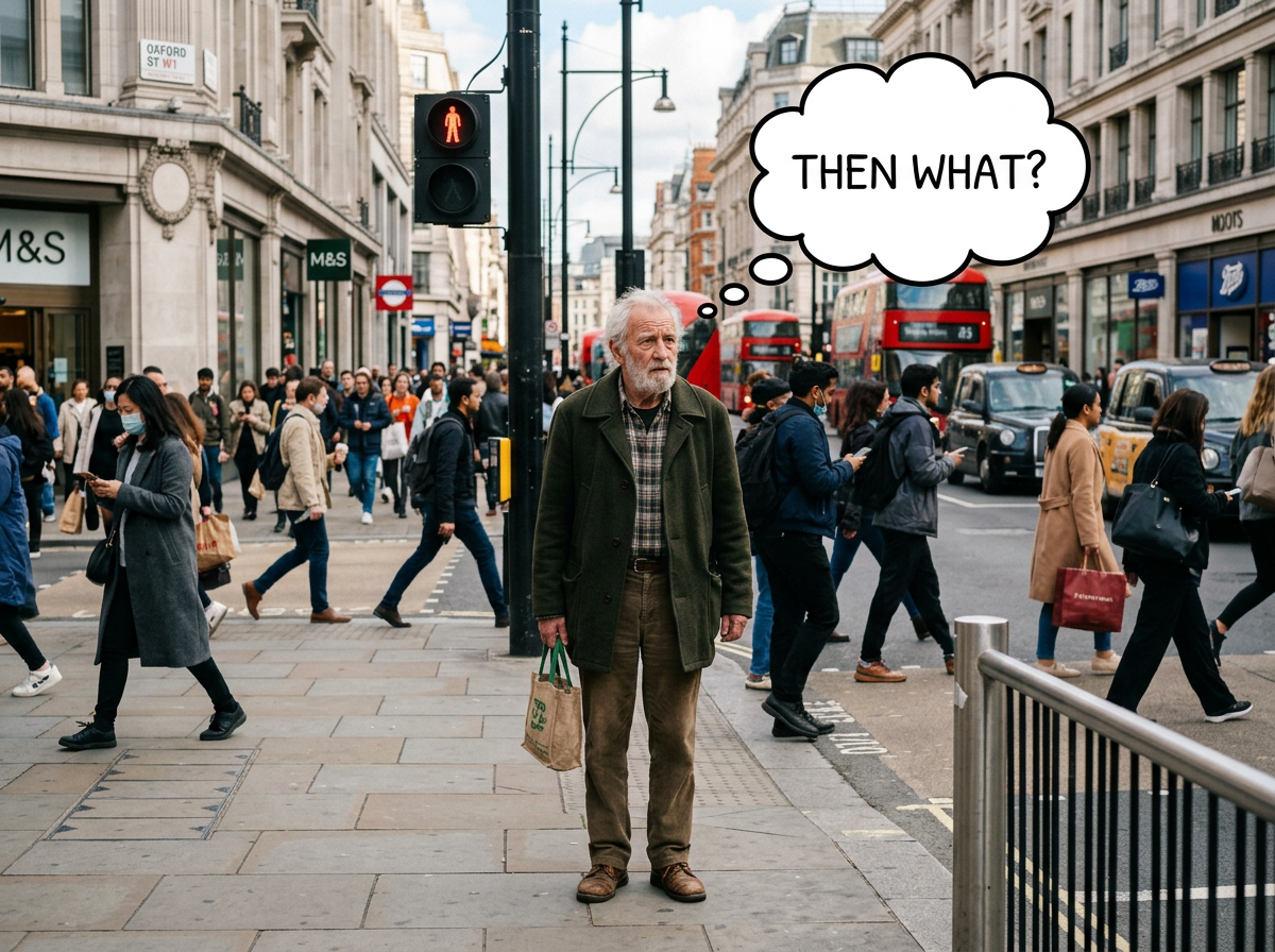 an elderly man standing on a street corner sttempting to Think Ahead to Stay Safe. There are people all around. a thought bubble above his head reads "Then What?"