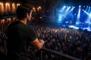 a confident young man demonstrates situational awareness as he watches the crowd below from a balcony at a concert