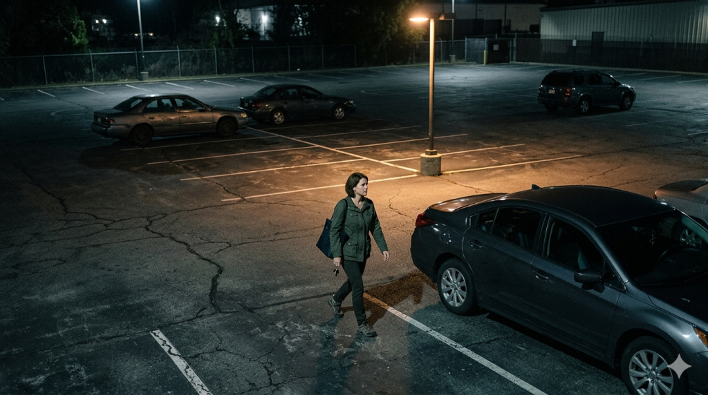 woman walking alone at night near cars and a light pole in a parking lot