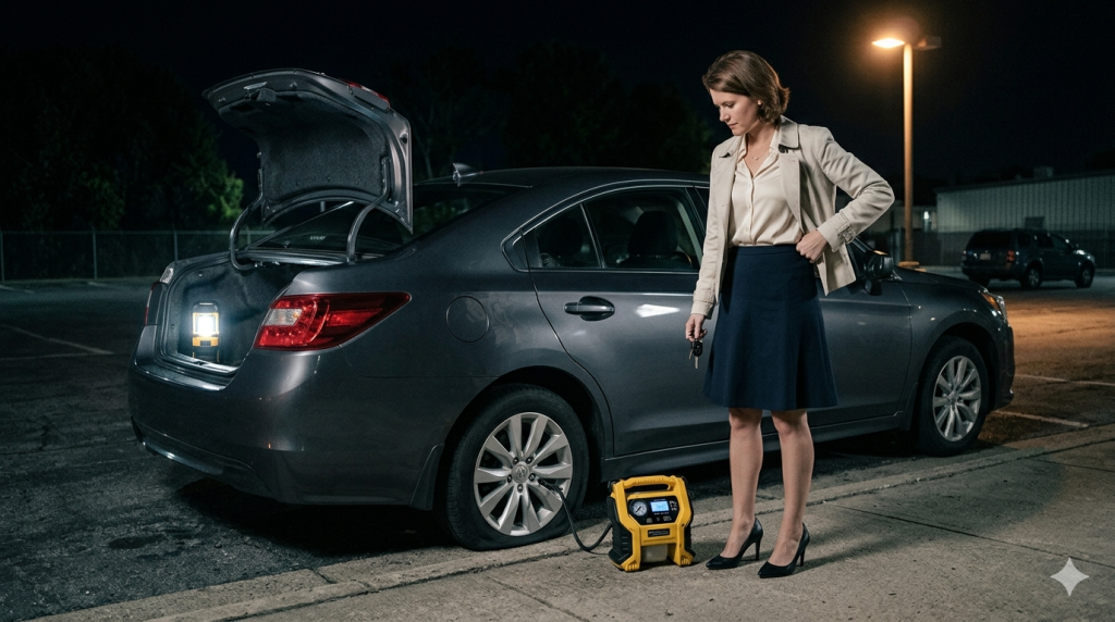 A well-dressed woman stands next to a car with a flat tire on a lonely street. It's night; there's a street light in the background. The trunk of the car is open and a portable tire inflator is foked up to the flat.