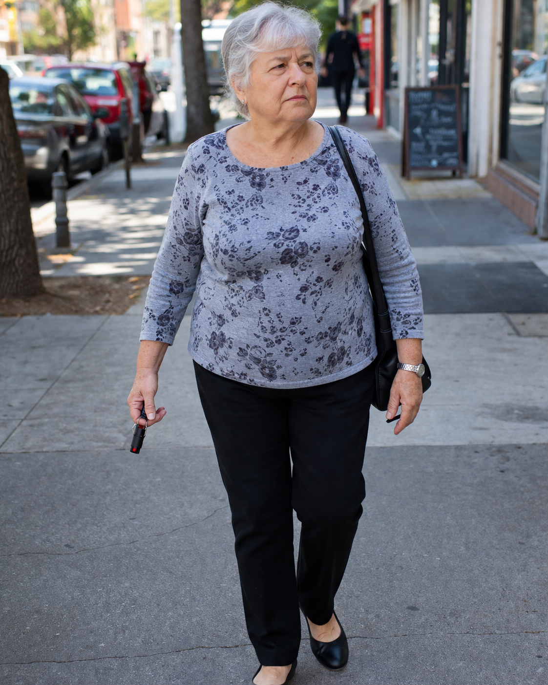 a senior woman walks on the street with a small pepper spray canister in her right hand
